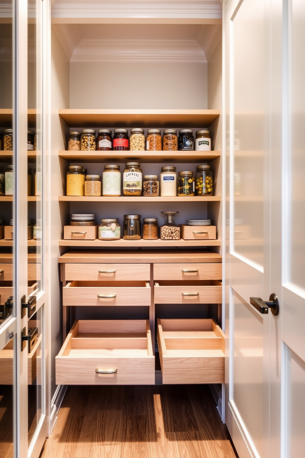 A spacious pantry featuring pull-out drawers for hidden storage. The drawers are crafted from light wood and are seamlessly integrated into the cabinetry for a clean look. The pantry walls are painted in a soft white to enhance brightness. Open shelving above the drawers displays neatly organized jars and containers for easy access.