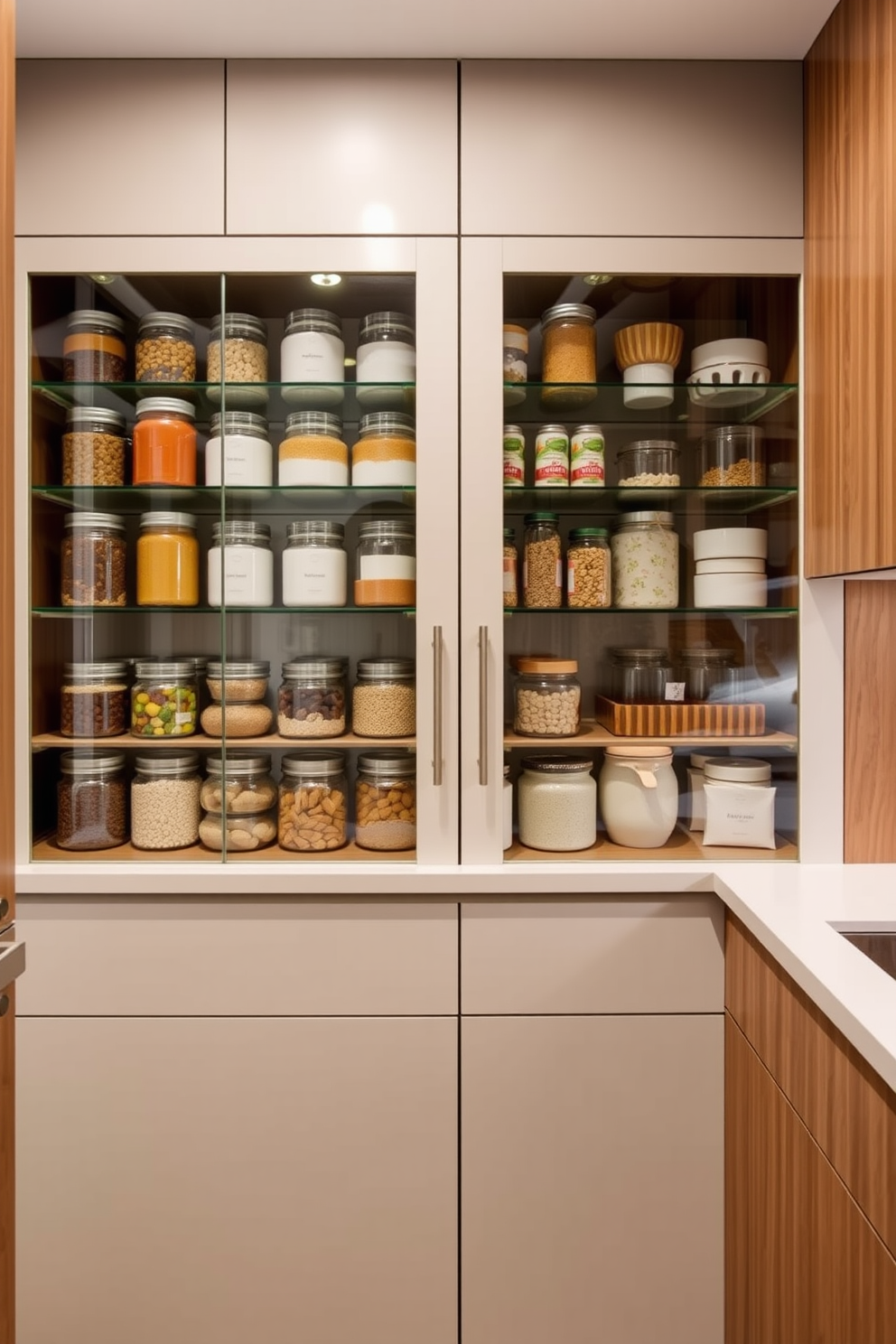 A modern pantry design featuring glass-front cabinets that showcase neatly arranged jars and containers. The cabinets are complemented by a sleek countertop and a warm wood finish that adds a touch of elegance to the space.