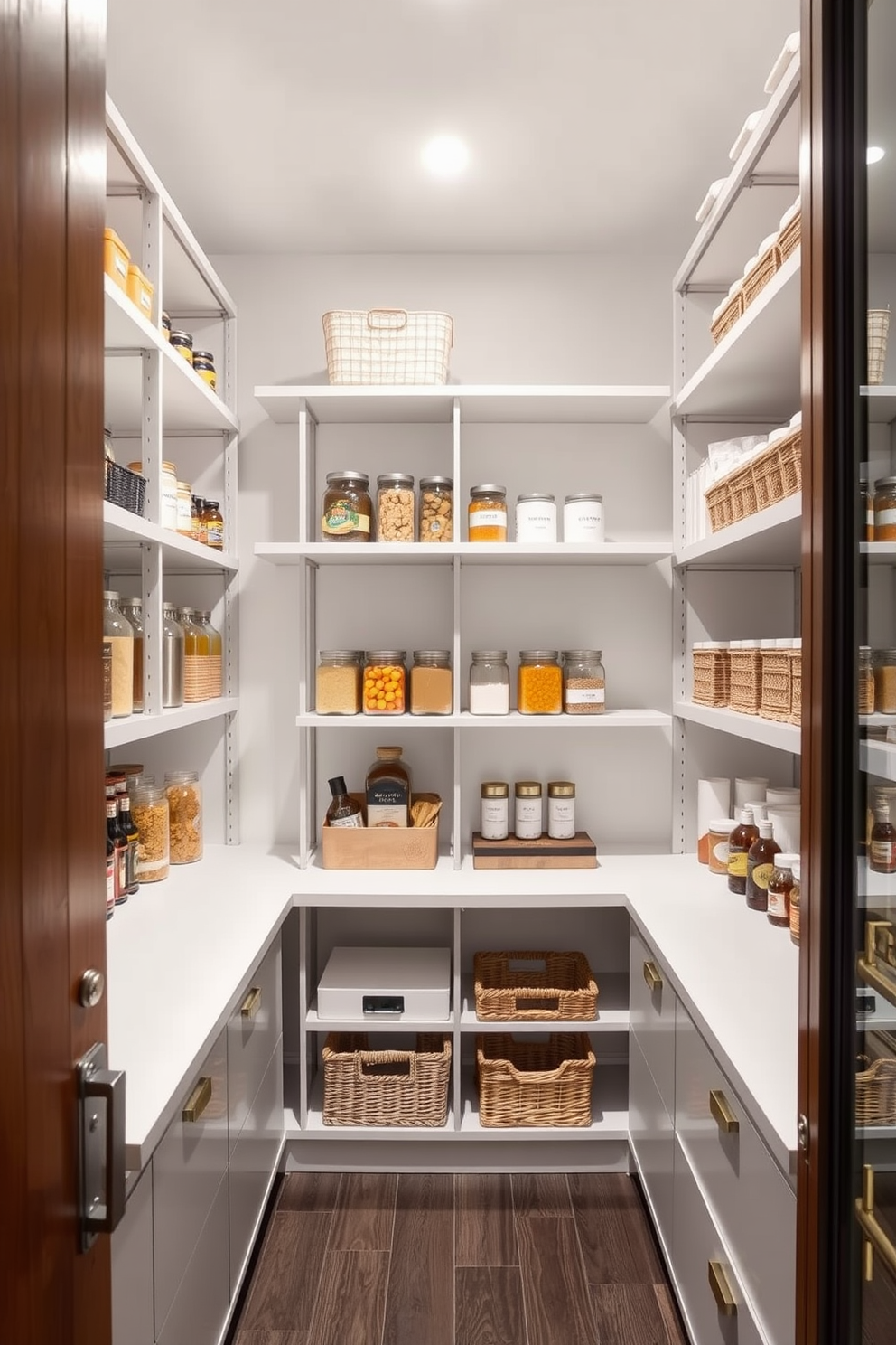 Create a stylish pantry that maximizes vertical space with sleek shelving units reaching up to the ceiling. Incorporate organized storage solutions such as labeled jars and baskets to maintain a clean and functional aesthetic.