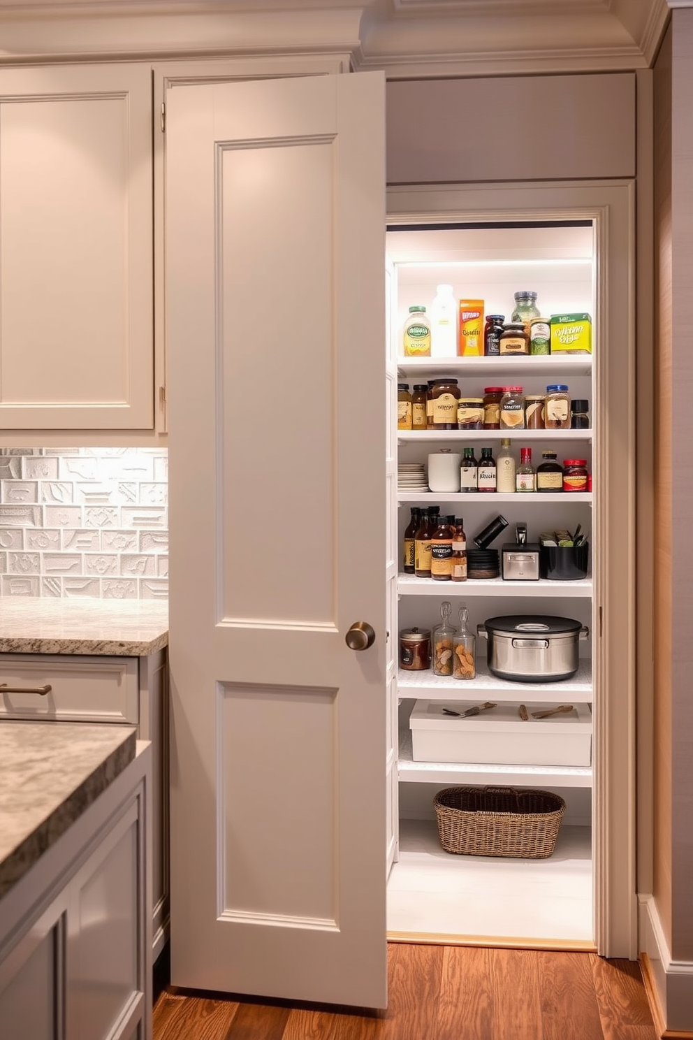 A modern pantry with wall-mounted baskets for easy access and visibility. The baskets are arranged in a grid pattern on the wall, showcasing a variety of colorful pantry items for an organized look. The floor is tiled with a light gray ceramic, complementing the white cabinetry. Soft LED lighting illuminates the space, creating a warm and inviting atmosphere.