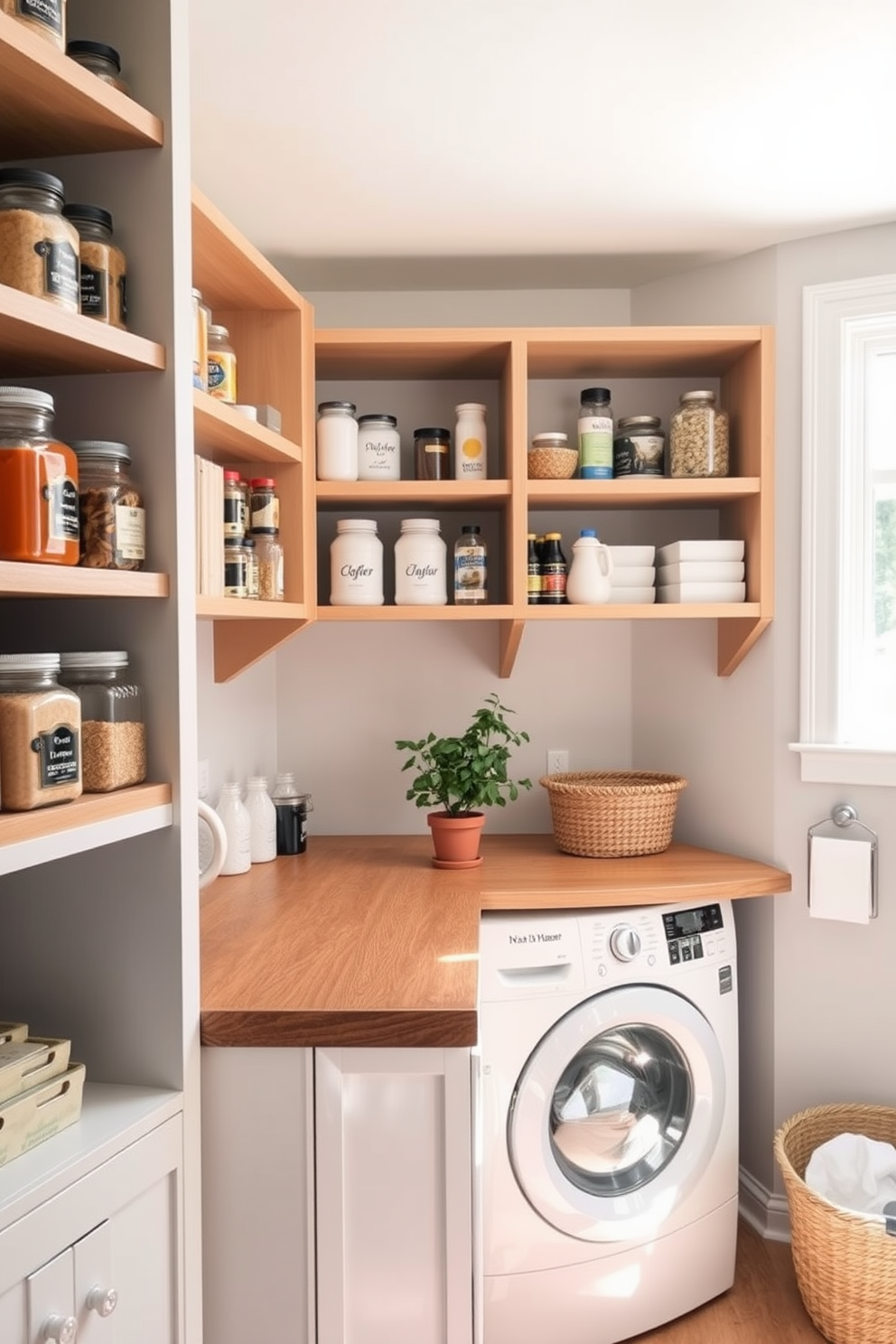 Open shelving lines the walls of the pantry, showcasing neatly organized jars and containers filled with dry goods and spices. A wooden countertop in the center provides ample space for meal prep, while a small herb garden sits in the sunlight by the window. The laundry room features open shelving above the washer and dryer, perfect for storing detergents and fabric softeners within easy reach. A folding station with a smooth countertop and a stylish basket for laundry essentials adds functionality and charm to the space.