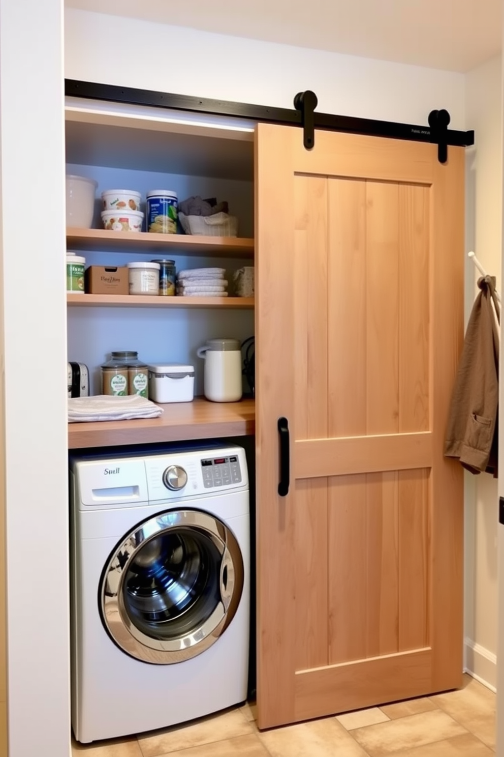 A cozy pantry laundry room featuring a sliding barn door that adds rustic charm. The space is organized with open shelving for easy access to pantry items and a countertop for folding laundry. The walls are painted in a soft cream color, creating a warm and inviting atmosphere. A stylish washer and dryer are neatly tucked away behind the barn door, maximizing space efficiency.