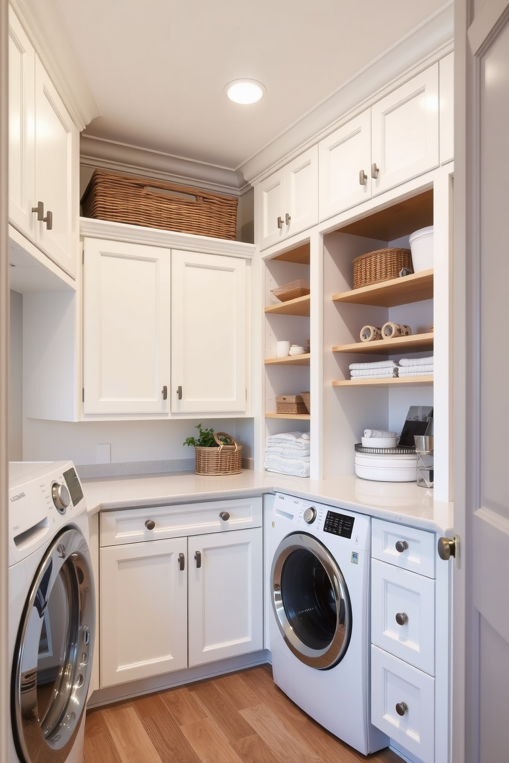 A functional and stylish pantry laundry room featuring a deep sink for convenience. The cabinetry is a mix of white and natural wood, providing a warm and inviting atmosphere. On one side, there are open shelves displaying neatly organized jars and baskets. The opposite wall has a stacked washer and dryer with a countertop above for folding clothes. The floor is adorned with a durable yet chic tile that complements the overall color scheme. Soft lighting illuminates the space, creating a bright and airy feel.