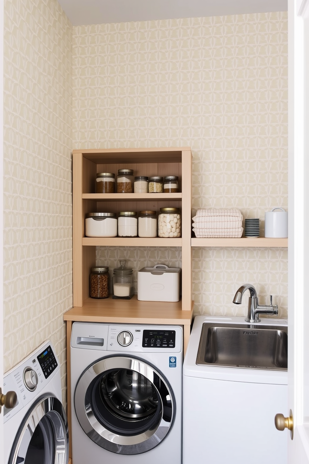 A chic pantry laundry room featuring wallpaper with a modern geometric pattern in soft pastel colors. The space includes a built-in shelving unit made of light wood, displaying neatly organized jars and laundry supplies.