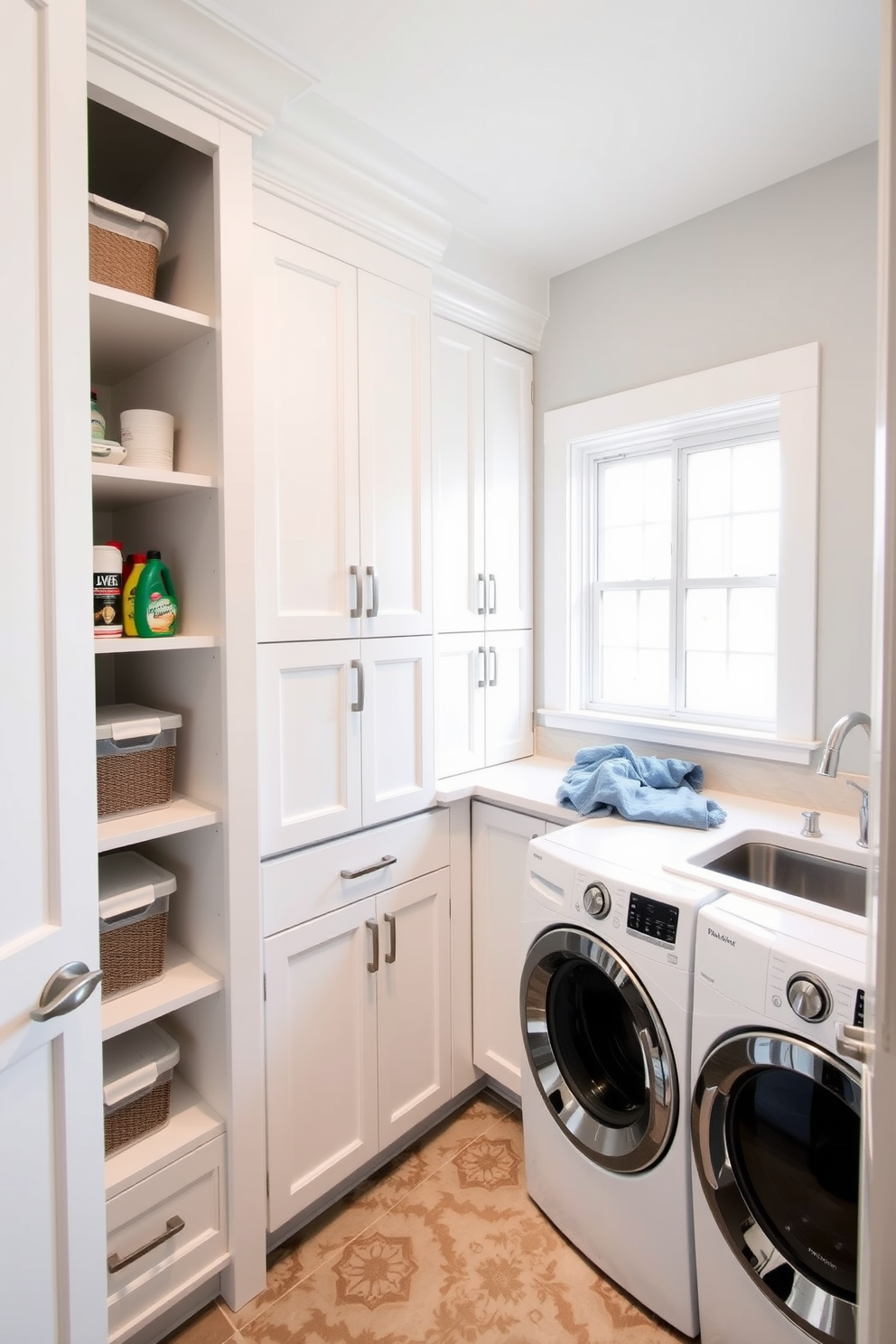 A modern pantry featuring glass jars neatly organized on wooden shelves, showcasing various pantry items like pasta, grains, and spices. The walls are painted in a soft white, and the floor is tiled with light gray ceramic tiles for a clean and airy feel. In the laundry room, a sleek design includes a stylish countertop for folding clothes and a stacked washer and dryer. The space is enhanced with open shelving above the machines, displaying neatly arranged laundry supplies in matching glass jars.