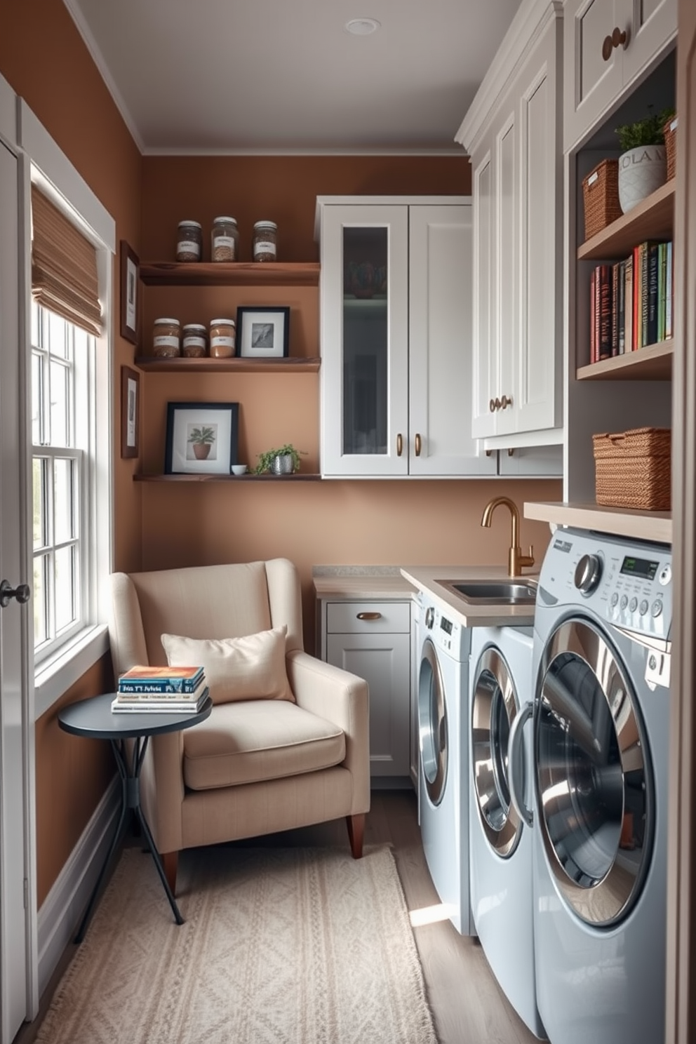 A cozy reading nook space filled with natural light. A plush armchair in a soft fabric is positioned next to a small side table, with a stack of books and a steaming cup of tea on top. The walls are adorned with warm, neutral tones and a few framed artworks. A soft area rug lies beneath the chair, and a small bookshelf filled with colorful novels is nearby. Pantry design featuring open shelving made of reclaimed wood. The shelves are neatly organized with labeled jars of dry goods and fresh herbs in small pots. A charming farmhouse sink sits in the corner, complemented by brass fixtures. Soft lighting illuminates the space, creating an inviting atmosphere for meal prep. Laundry room design that maximizes functionality and style. A front-loading washer and dryer are stacked to save space, with a countertop above for folding clothes. Bright white cabinetry provides ample storage, while a small sink is conveniently placed for hand-washing delicate items. A cheerful color palette adds a touch of personality to the room.