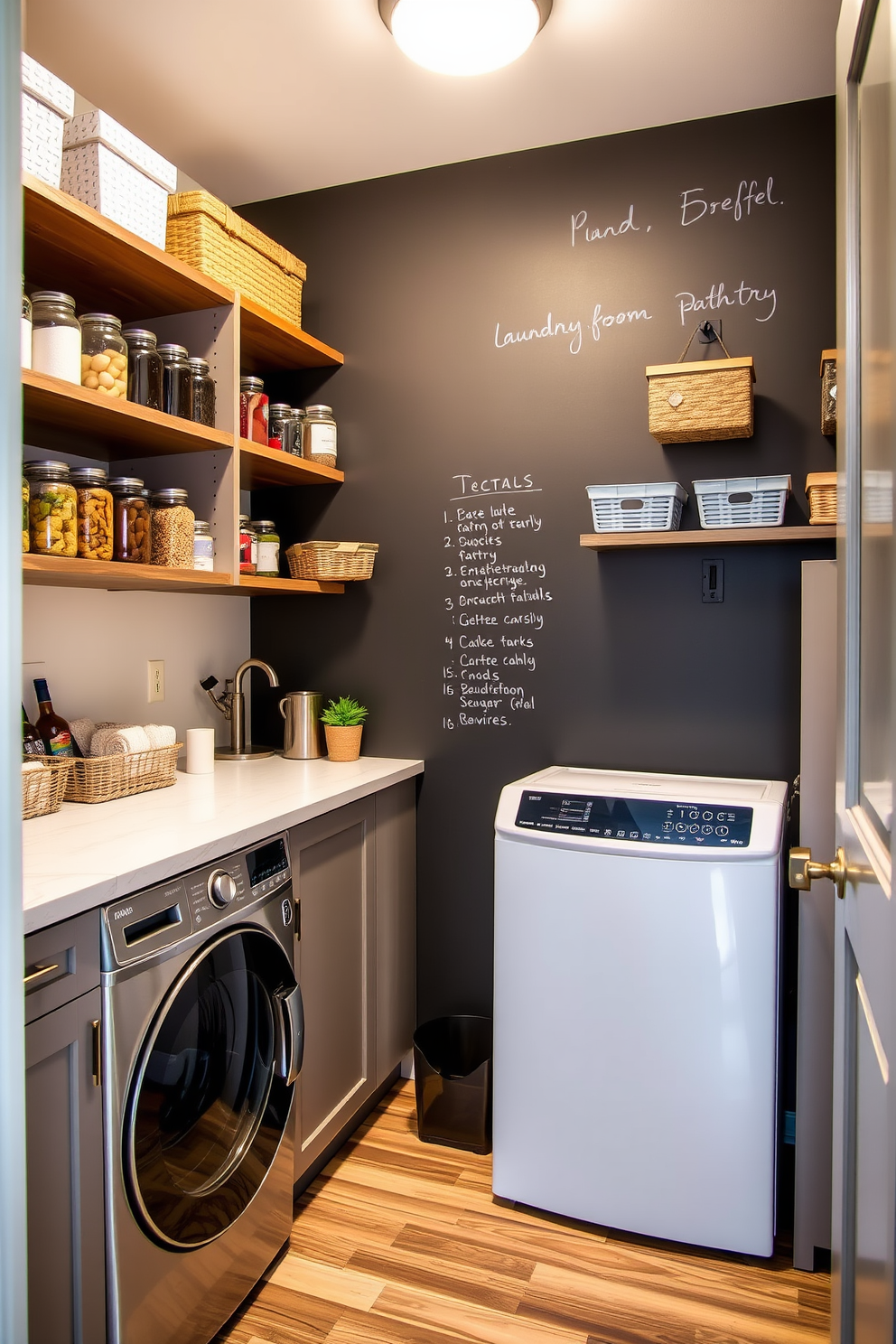 A functional pantry laundry room that emphasizes sustainability. The cabinetry is made from reclaimed wood, and the countertops are crafted from recycled materials. Natural light floods the space through large windows, highlighting the eco-friendly appliances. A vertical garden with herbs adds a touch of greenery and freshness to the room.