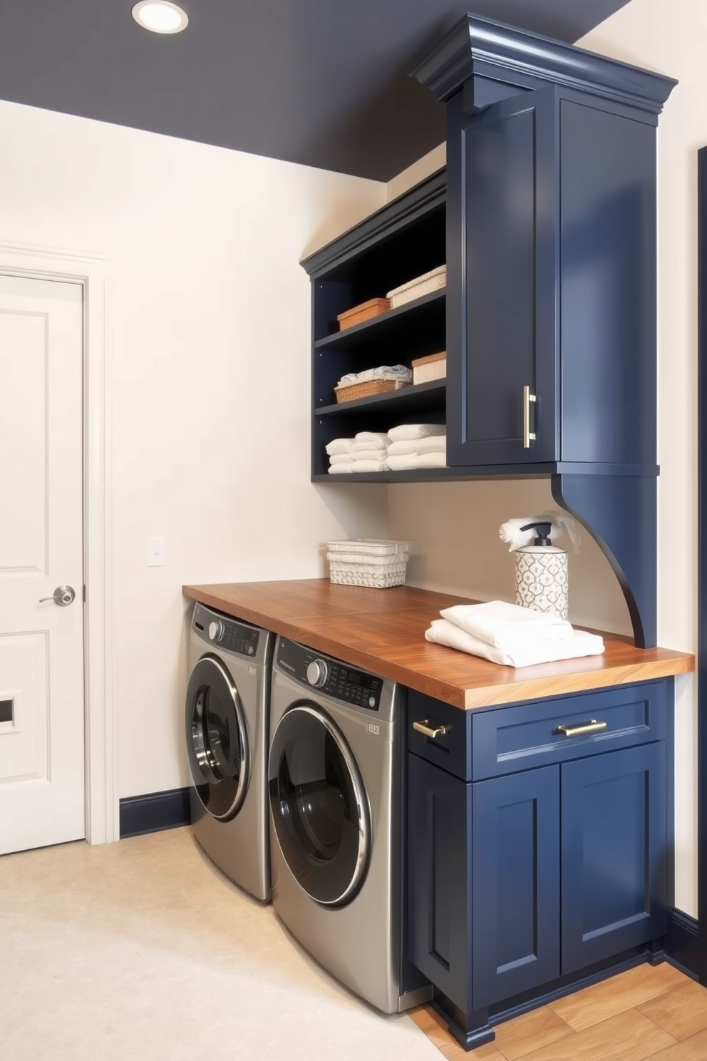 A stylish pantry laundry room that seamlessly integrates functionality and aesthetics. The walls are painted in a soft cream color, while the cabinetry features a rich navy blue finish, providing a striking contrast. The laundry area includes a sleek washer and dryer stacked vertically, surrounded by open shelving for easy access to laundry essentials. A rustic wooden countertop extends over the appliances, offering a practical space for folding clothes and organizing items.