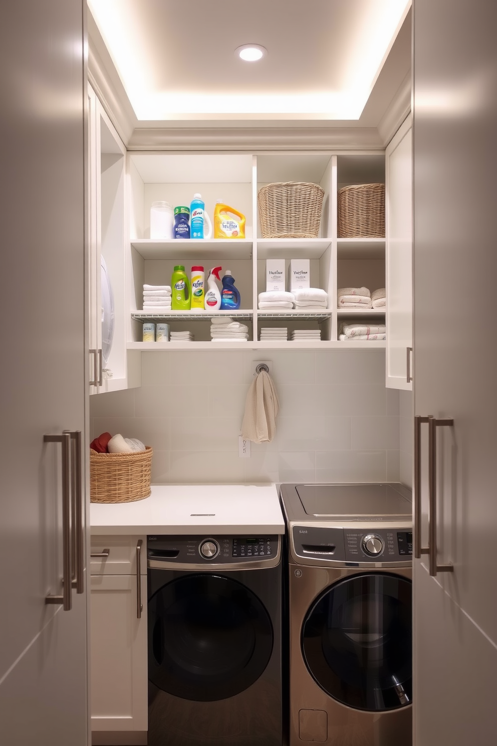 A stylish pantry laundry room that combines functionality with aesthetics. The space features patterned tiles on the floor that add visual interest and charm. A wooden countertop runs along one side, providing ample workspace for laundry tasks. Open shelving above displays neatly arranged jars and baskets for organization.