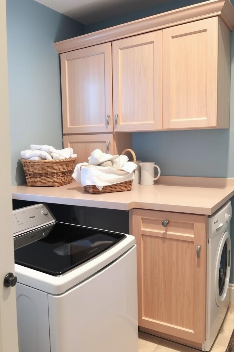 A stylish laundry room featuring a spacious countertop designed for laundry folding. The cabinetry is finished in a light wood tone, complemented by sleek white appliances and ample storage space for cleaning supplies. The walls are painted in a soft blue hue, creating a calm atmosphere. A decorative basket filled with fresh linens sits atop the countertop, adding a touch of warmth and organization.