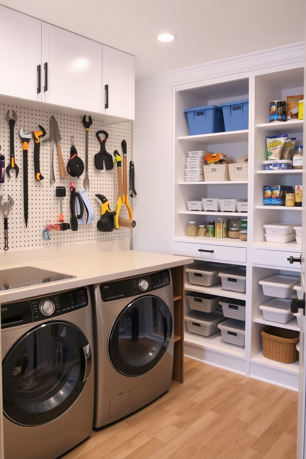 A color-coordinated storage system in a pantry features sleek shelving units painted in soft pastel shades. Each shelf is neatly organized with labeled containers that complement the overall color scheme. In the laundry room, a stylish cabinetry setup showcases a blend of light blue and white tones. The space is enhanced with decorative baskets and matching detergent containers, creating a cohesive and inviting atmosphere.