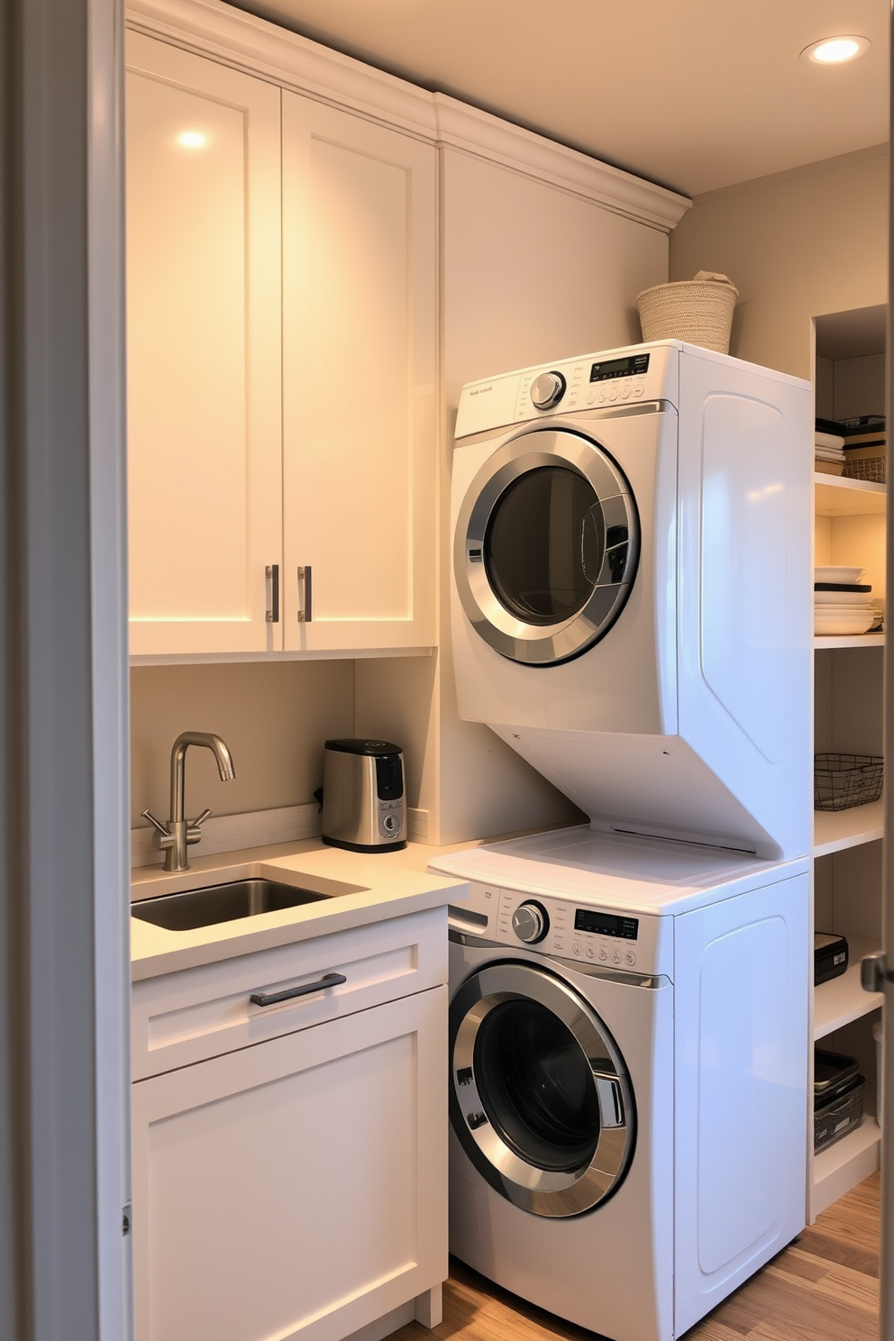 A modern laundry room featuring a stackable washer and dryer to maximize space efficiency. The room includes a sleek countertop for folding clothes and ample storage cabinets in a soft white finish. The pantry area is designed with open shelving for easy access to supplies and a small countertop for meal prep. Warm lighting enhances the cozy atmosphere, making it a functional yet inviting space.