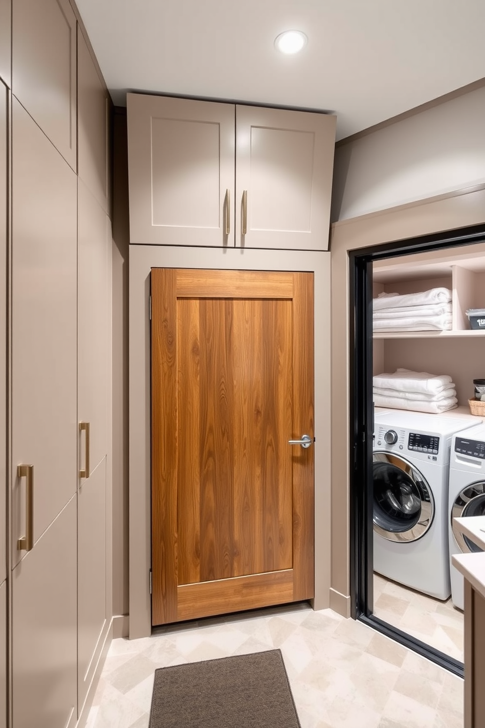 A cozy pantry laundry room with a functional layout. The space features a combination of open shelving and closed cabinets for storage, with a small bench for seating against one wall. Bright white walls create a clean backdrop, while the floor is adorned with light gray tiles. A stylish laundry basket sits next to the bench, and a potted plant adds a touch of greenery to the room.