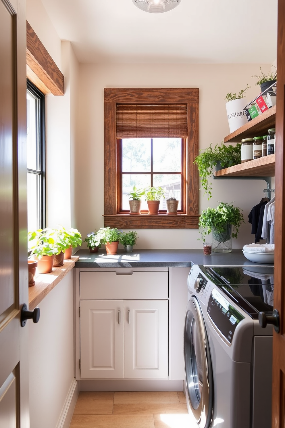 A cozy pantry featuring a small herb garden area with pots of fresh basil, rosemary, and thyme arranged on a sunlit windowsill. The walls are painted in a soft cream color, and rustic wooden shelves are stocked with jars of spices and neatly organized pantry items. The laundry room is designed with functionality in mind, featuring a sleek countertop for folding clothes and a built-in drying rack. A small herb garden area is integrated into the space, with herbs thriving in vertical planters above the washer and dryer.