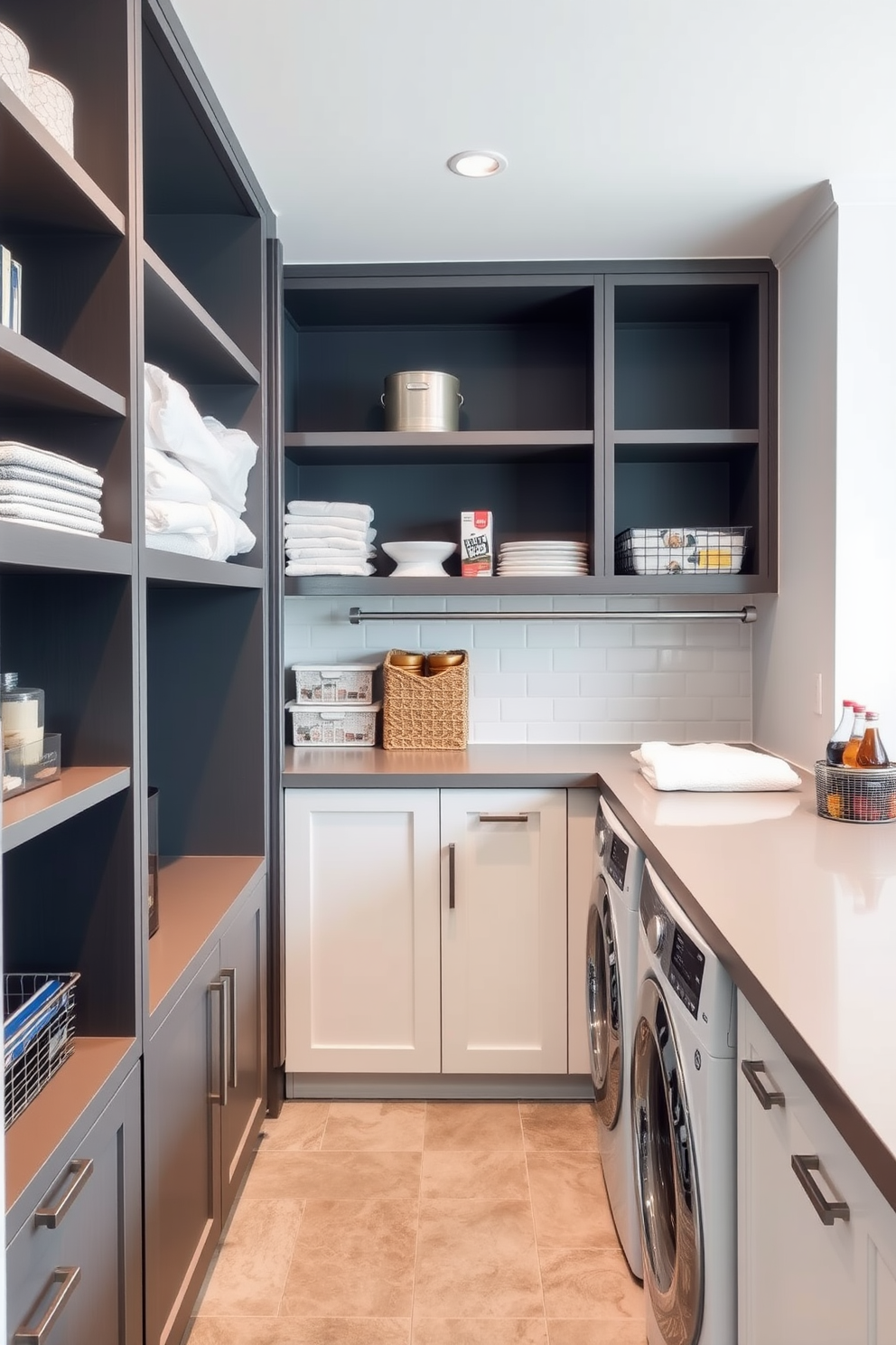 A modern pantry laundry room that combines functionality and style. The design features a mix of open shelving for easy access to frequently used items and closed cabinets to keep clutter hidden. The walls are painted in a light, airy color to enhance the space, while the floor is covered in durable, easy-to-clean tiles. A sleek countertop runs along one side, providing ample workspace for folding laundry and organizing pantry goods.