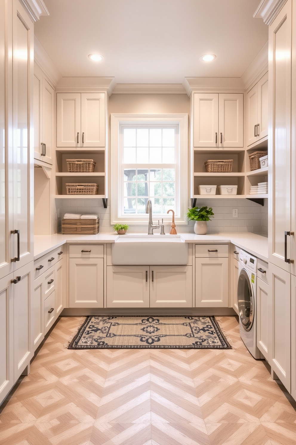 A stylish pantry laundry room featuring a spacious layout with custom cabinetry and open shelving for easy access to supplies. The walls are painted in a soft cream color, and the floor is adorned with a chic geometric tile for added visual interest. In the center, a large farmhouse sink is complemented by a sleek faucet, while a stylish rug adds warmth and comfort underfoot. Decorative baskets are neatly arranged on the shelves, and potted herbs bring a touch of greenery to the space.