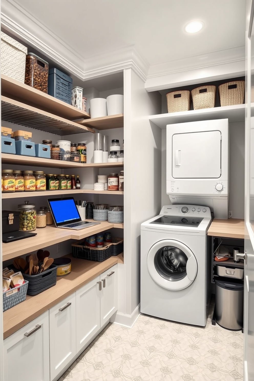 A functional pantry laundry room that seamlessly integrates both spaces. The design features a small desk in one corner for multitasking, surrounded by organized shelves filled with storage bins and jars. The laundry area includes a stacked washer and dryer, with a countertop above for folding clothes. Soft lighting illuminates the room, and a cheerful color palette of light blue and white enhances the inviting atmosphere.