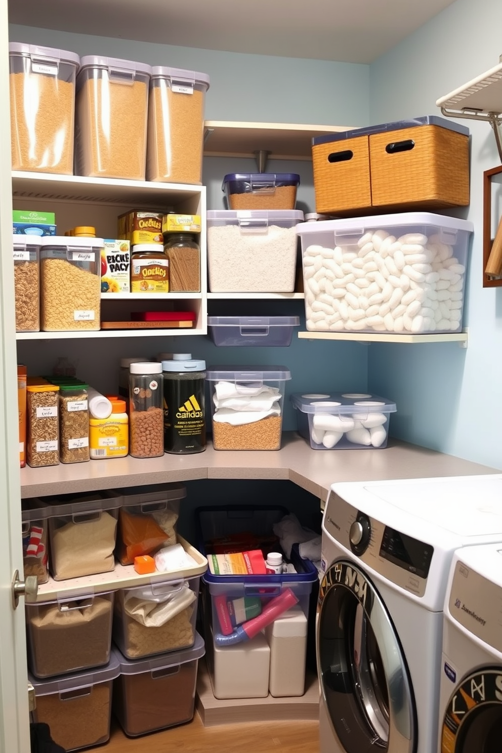 Create a pantry organization space that features clear containers for storing dry goods. The shelves are neatly arranged with labeled containers, showcasing a variety of grains, snacks, and spices for easy access. Design a laundry room that combines functionality and style. Include clear storage bins for laundry supplies and a folding area with a countertop, while the walls are painted in a calming light blue tone.