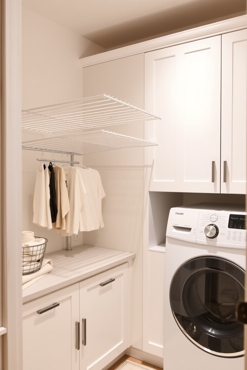 A modern pantry laundry room features a retractable drying rack mounted on the wall for space-saving convenience. The room is designed with sleek cabinetry in soft white tones and a stylish countertop that complements the overall aesthetic.