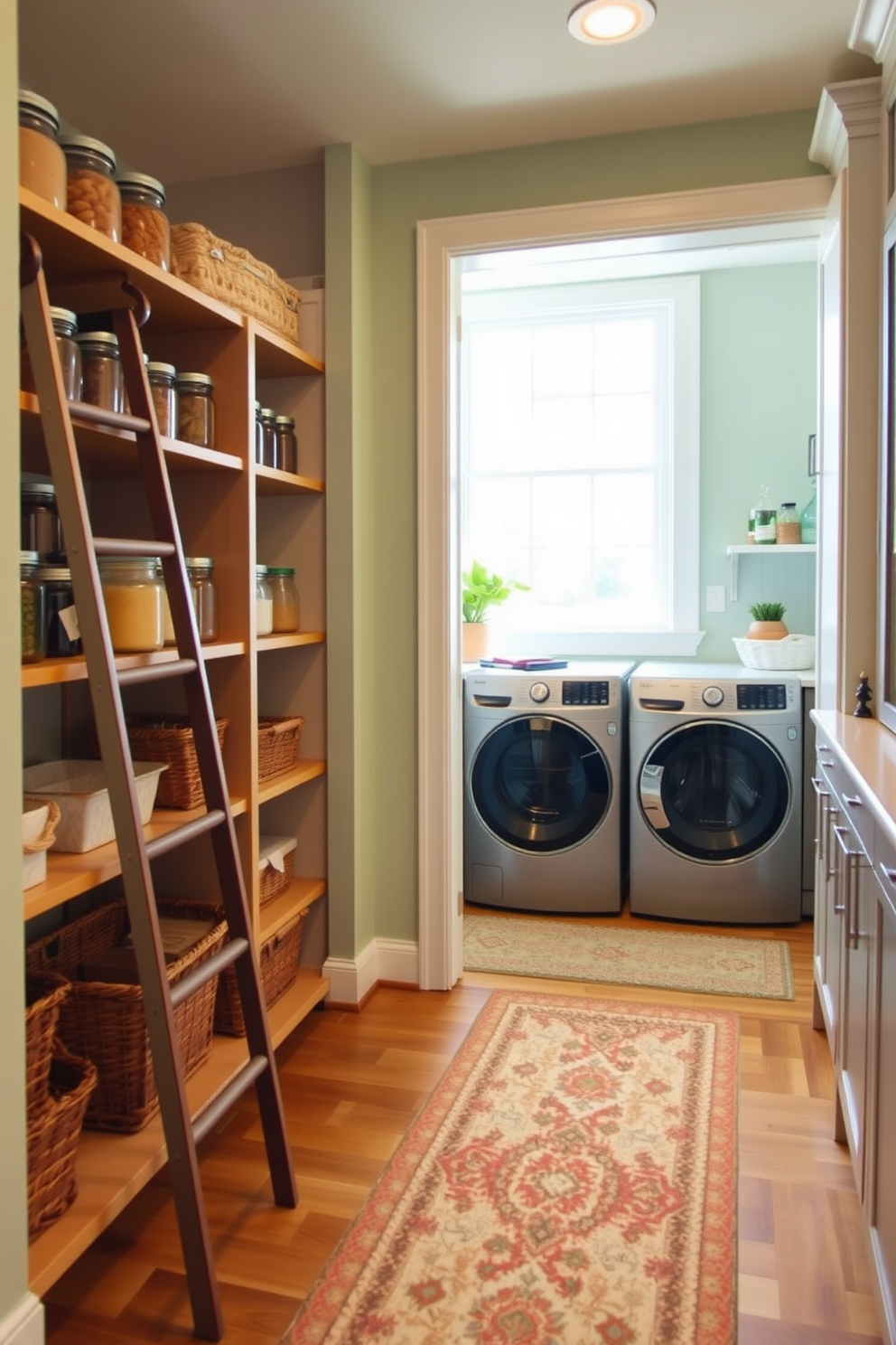 A hidden laundry area is cleverly concealed behind stylish cabinet doors that blend seamlessly with the surrounding decor. The space features organized shelving and a countertop for folding clothes, ensuring functionality without sacrificing aesthetics. Soft lighting illuminates the area, highlighting the clean lines and modern finishes. This design creates a harmonious balance between practicality and elegance, making laundry chores feel less like a task and more like a part of the home.