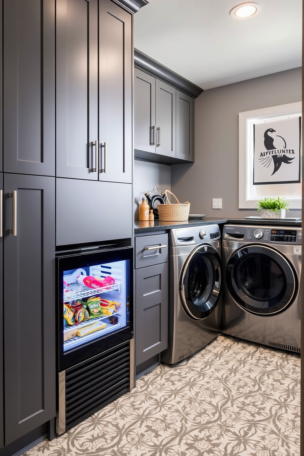 A modern laundry room featuring a sleek mini fridge for snacks seamlessly integrated into the cabinetry. The walls are painted in a soft gray color, and the floor is adorned with stylish patterned tiles, creating a functional yet inviting space.