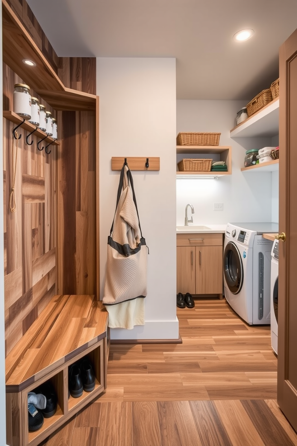 A stylish shoe storage solution is integrated near the entrance, featuring a sleek wooden bench with built-in compartments for organizing footwear. Above the bench, a set of hooks is mounted on the wall for hanging bags and jackets, creating a functional and welcoming entryway. The pantry is designed with open shelving made of reclaimed wood, showcasing neatly arranged jars and baskets for easy access to dry goods. A small countertop area is included for meal prep, complemented by soft ambient lighting that highlights the natural textures of the space. The laundry room features a modern layout with a combination of cabinetry and open shelving for optimal organization. A utility sink is placed next to the washer and dryer, with a countertop above for folding clothes, all accented by cheerful colors that make laundry day more enjoyable.