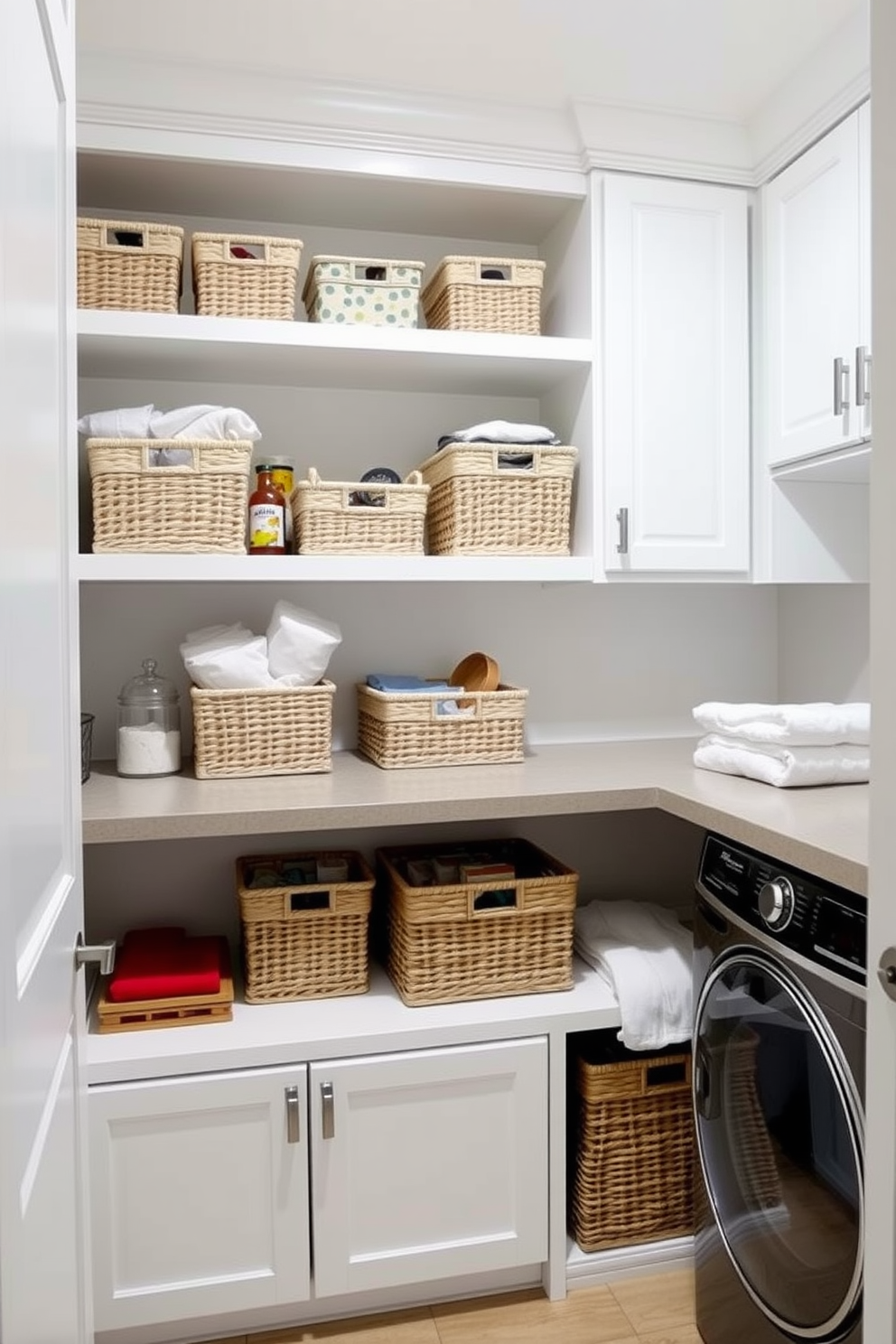 A functional pantry with organized storage solutions. The walls are painted in a soft white, and open shelving displays neatly arranged baskets filled with dry goods and kitchen essentials. A bright laundry room featuring a combination of cabinetry and open storage. The space includes a countertop for folding clothes, with stylish baskets underneath for storing laundry supplies and linens.