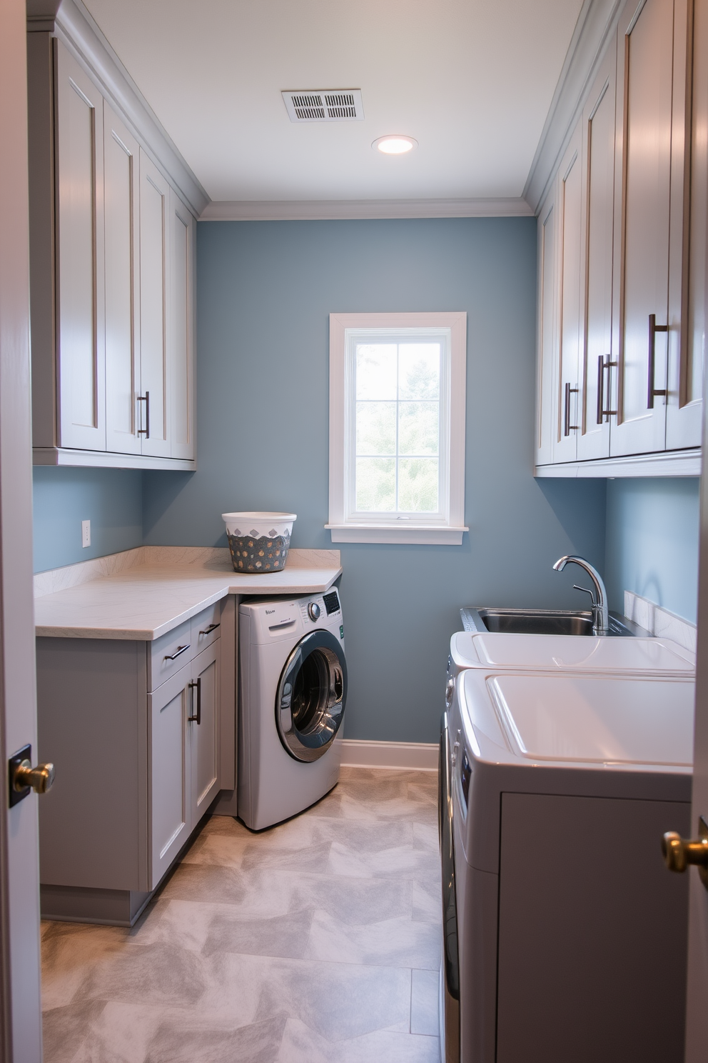 A modern laundry room featuring a spacious countertop for folding clothes and ample storage cabinets above. A stylish laundry basket is placed in the corner for easy sorting, and the walls are painted in a soft blue hue. The floor is covered with durable, water-resistant tiles that complement the cabinetry. A small shelf holds laundry essentials, and a bright window allows natural light to fill the space.