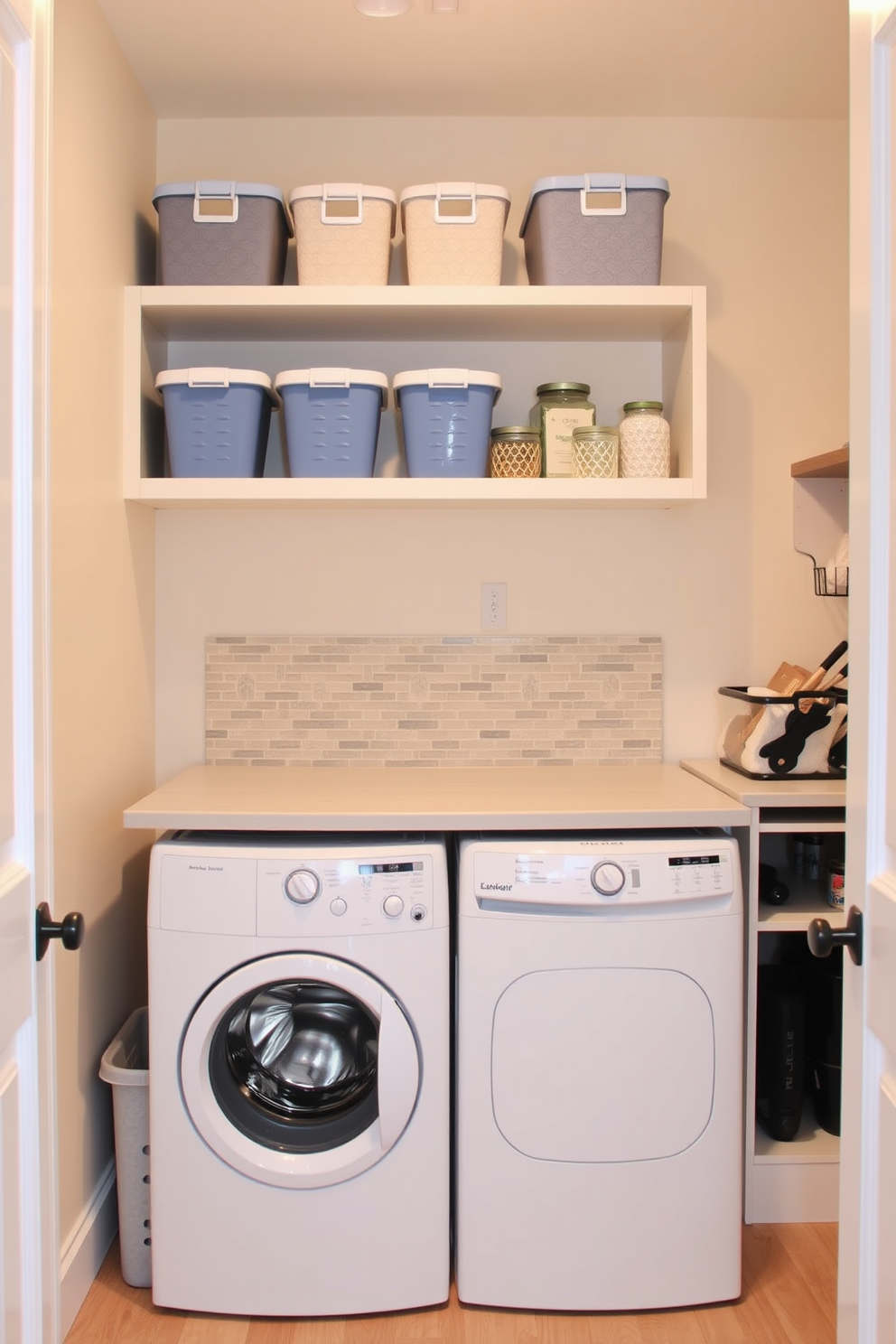 A functional pantry laundry room that maximizes space and efficiency. The design features a folding table placed centrally, allowing for easy access to laundry tasks and meal prep. The walls are painted in a soft, neutral tone to create a warm and inviting atmosphere. Open shelving above the table displays neatly organized storage bins and decorative jars, while a stylish backsplash adds a pop of color.