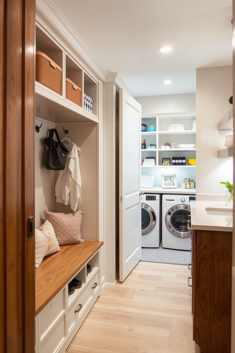 A functional laundry room with a mudroom bench integrated into the design. The bench features built-in storage for shoes and bags, while the laundry area includes a washer and dryer with ample countertop space for folding clothes. The pantry is designed with open shelving for easy access to kitchen essentials and a sliding door for a modern touch. Soft lighting highlights the organized space, creating an inviting atmosphere for meal prep and storage.