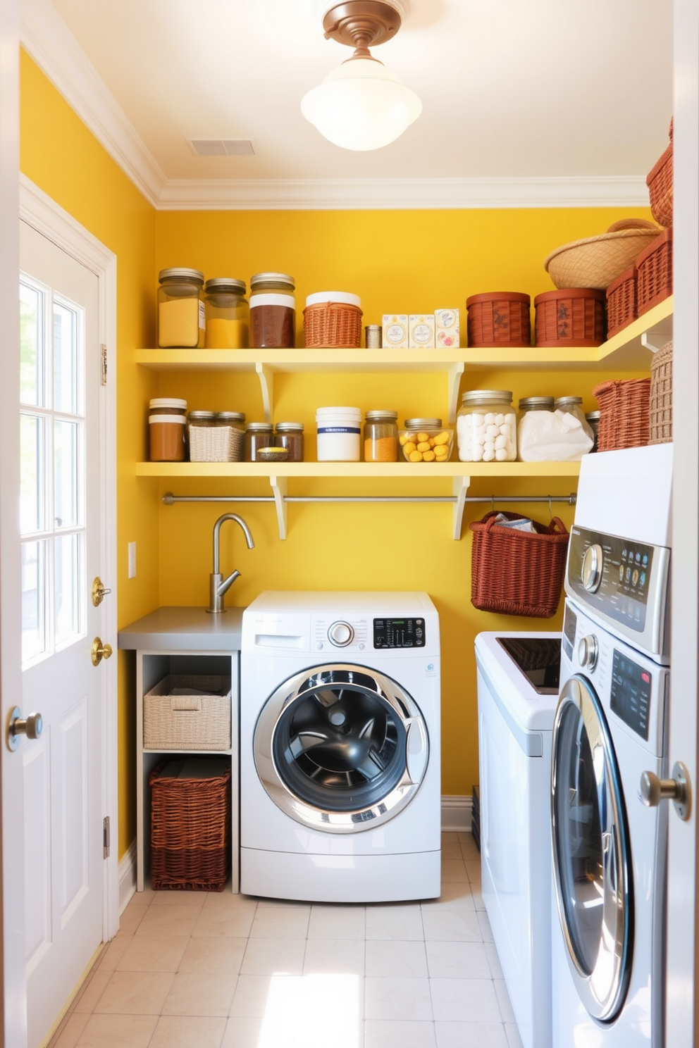 Bright paint enhances natural light in a pantry laundry room. The walls are painted in a cheerful yellow hue, complemented by open shelving displaying neatly organized jars and baskets.