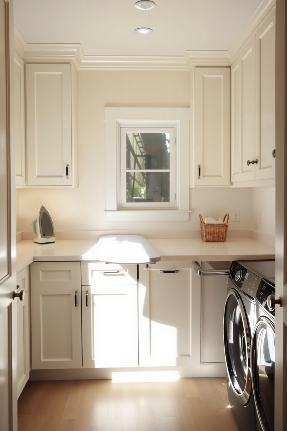 A functional laundry room that includes a pull-out ironing board feature. The space is designed with ample storage cabinets and a countertop for folding clothes, creating an efficient workflow. The walls are painted in a soft, light color to enhance brightness, while the flooring is durable and easy to clean. A stylish basket for dirty laundry is placed in one corner, and a small window allows natural light to enter the room.