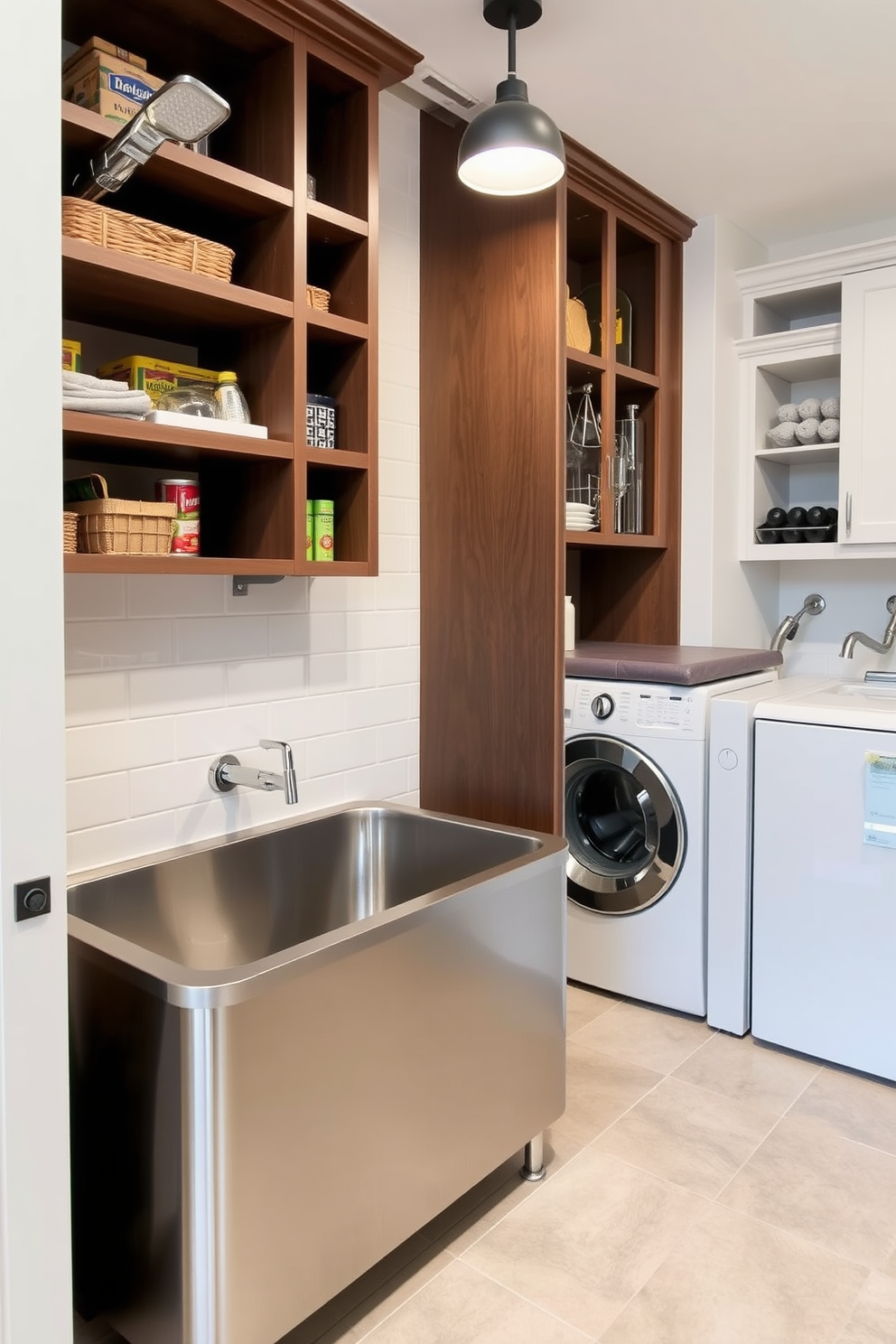 A dedicated pet washing station designed with a sleek tiled surface and a large stainless steel tub. The area features built-in storage for pet supplies and a wall-mounted showerhead for easy rinsing. The pantry is organized with custom shelving and pull-out drawers for easy access to dry goods. It includes a small countertop for meal prep and a stylish light fixture that enhances the space's functionality. The laundry room is bright and airy with ample cabinetry for storage and a countertop for folding clothes. It features a modern washer and dryer set, along with a utility sink for added convenience.