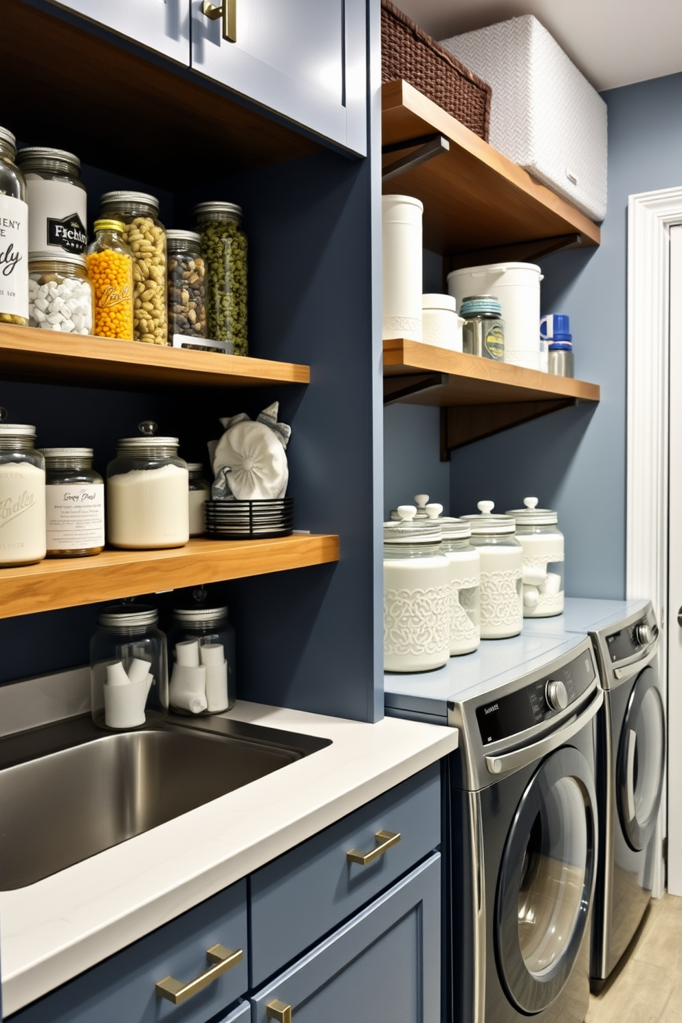 A stylish pantry featuring decorative jars for various pantry items. The jars are arranged on open wooden shelves, creating an organized and visually appealing display. In the laundry room, a sleek countertop holds matching decorative jars filled with laundry essentials. The walls are painted in a calming blue hue, complementing the modern appliances and ample storage space.