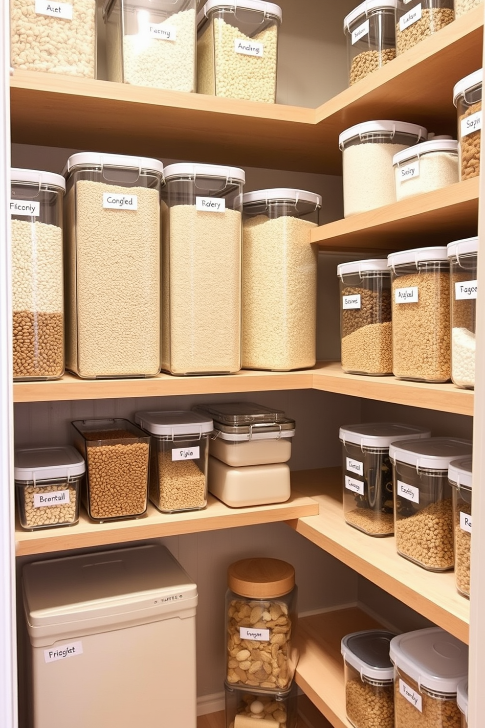 Clear containers for dry goods storage create a streamlined and visually appealing pantry. Each container is labeled for easy identification, and they are arranged on shelves that maximize space and accessibility. Incorporating a mix of sizes and shapes allows for versatile storage options. The pantry features a neutral color palette with wooden shelves and soft lighting to enhance the organized look.