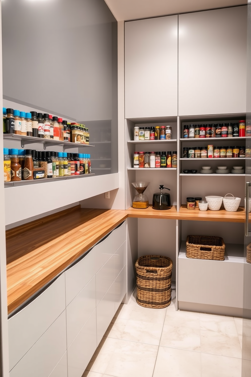 A modern pantry with sleek cabinetry featuring open shelves for easy access. Magnetic strips are mounted on the walls to hold spice jars, creating an organized and visually appealing display. The floor is tiled with light-colored ceramic tiles, enhancing the bright and airy feel of the space. A wooden countertop provides a practical workspace for meal prep, complemented by decorative storage baskets for additional organization.