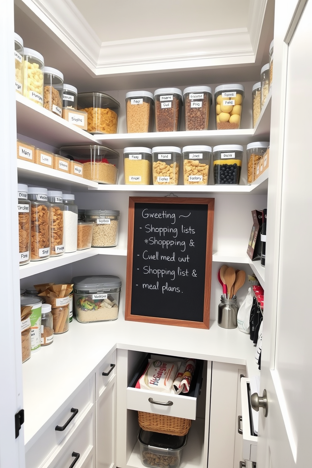 A stylish pantry organization design featuring a large chalkboard mounted on the wall for grocery lists. The shelves are neatly arranged with labeled jars and baskets, showcasing an array of colorful ingredients and snacks.