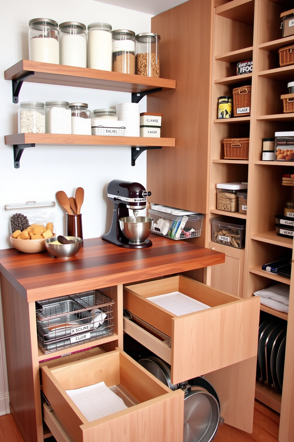 A cozy baking zone is created with a large wooden countertop for preparing dough and pastries. Shelves above the countertop are stocked with jars of flour, sugar, and baking spices, while a stand mixer sits prominently on the counter. The pantry features organized storage solutions with clear containers for dry goods and labeled baskets for snacks. A pull-out drawer system allows easy access to baking sheets and pans, ensuring everything is neatly arranged and within reach.