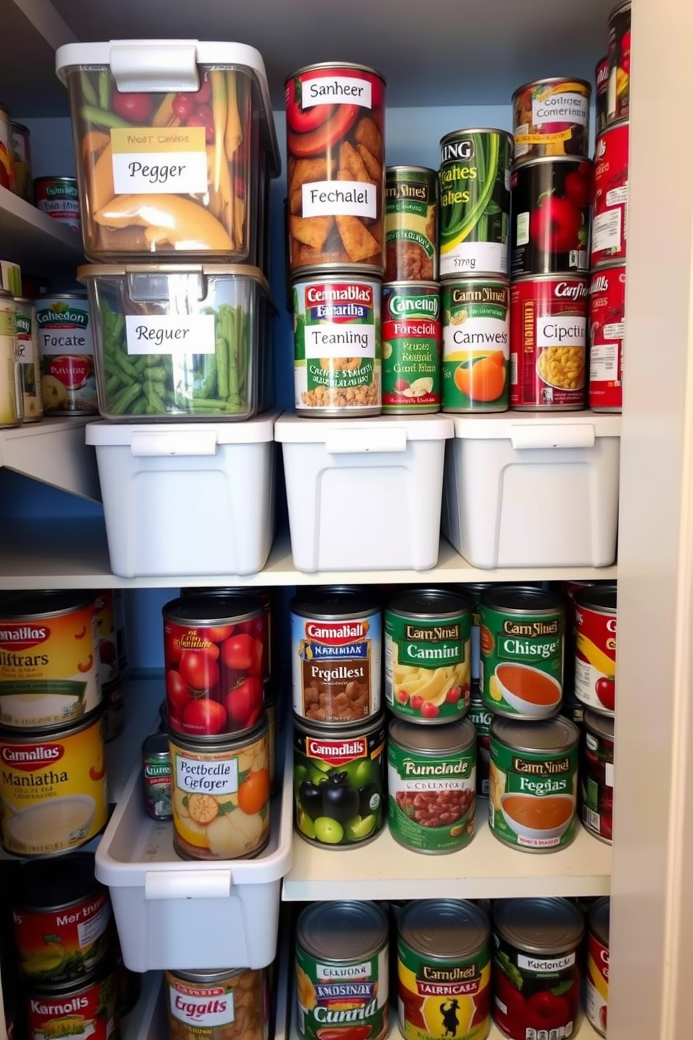 A well-organized pantry featuring labeled containers for various canned goods arranged by type. The shelves are neatly stacked with rows of colorful cans, showcasing a variety of vegetables, fruits, and soups, creating an aesthetically pleasing and functional space.