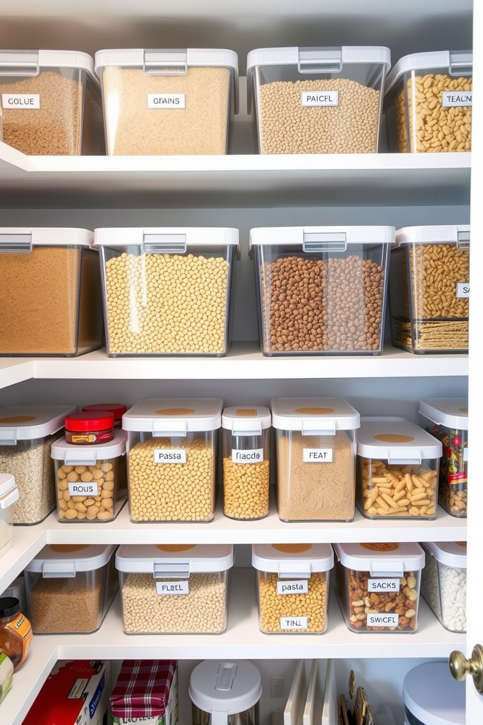 A modern pantry organization design featuring clear boxes for storing pantry staples. The shelves are neatly arranged with labeled clear containers in various sizes, showcasing a variety of grains, pasta, and snacks.