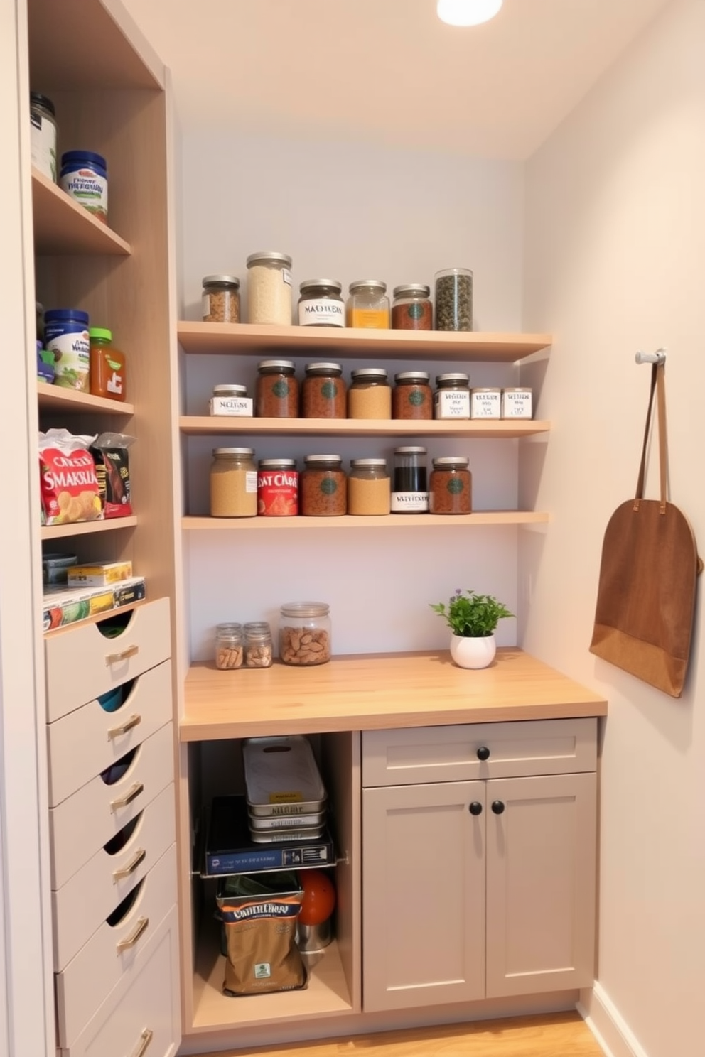 A well-organized pantry featuring labeled storage bins in various sizes to accommodate different food items. The shelves are painted in a soft white hue, creating a bright and airy atmosphere that enhances visibility. Color-coded labels are used for easy identification, with grains in blue bins, snacks in green, and canned goods in red. A small herb garden is placed on the top shelf, adding a touch of greenery and freshness to the space.