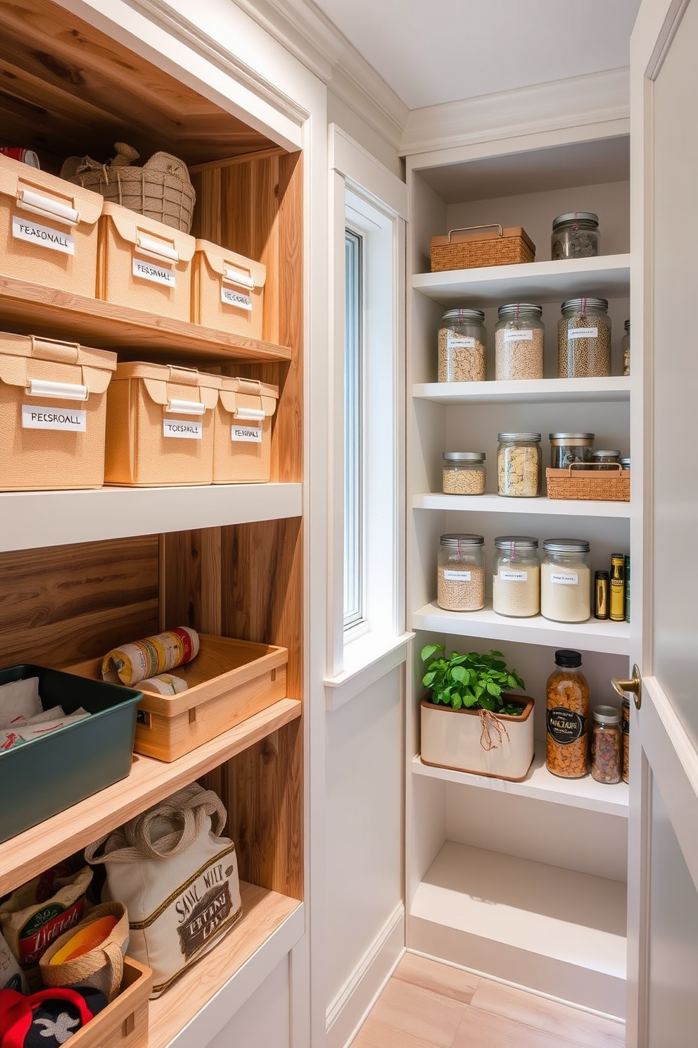 A stylish pantry featuring a mini fridge for beverages is designed with open shelving for easy access. The shelves are neatly organized with labeled containers, baskets, and jars, showcasing a variety of snacks and ingredients.