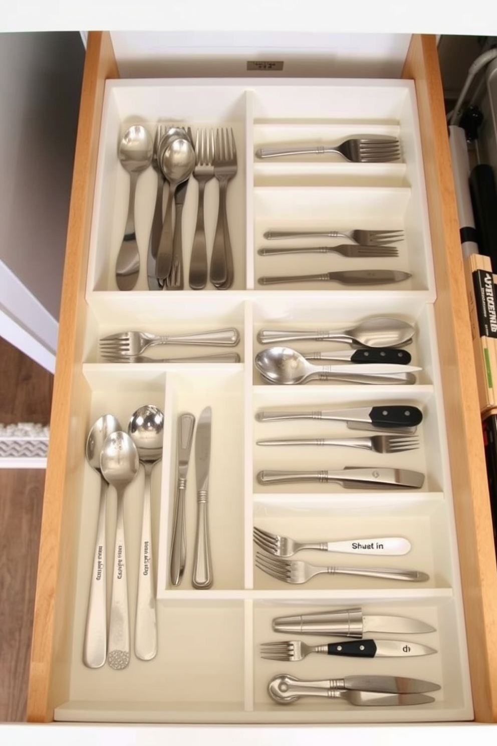 Create a well-organized pantry featuring drawer dividers specifically designed for utensils. The layout includes labeled compartments for spoons, forks, and knives, ensuring easy access and a tidy appearance.