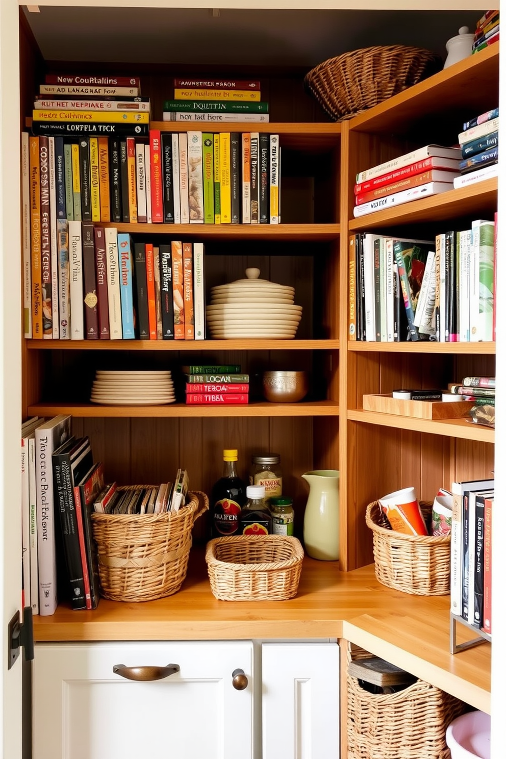 A beautifully organized pantry with shelves lined with an array of cookbooks showcasing vibrant covers. The shelves are made of natural wood, and decorative baskets are used to store smaller items, creating an inviting and functional space.