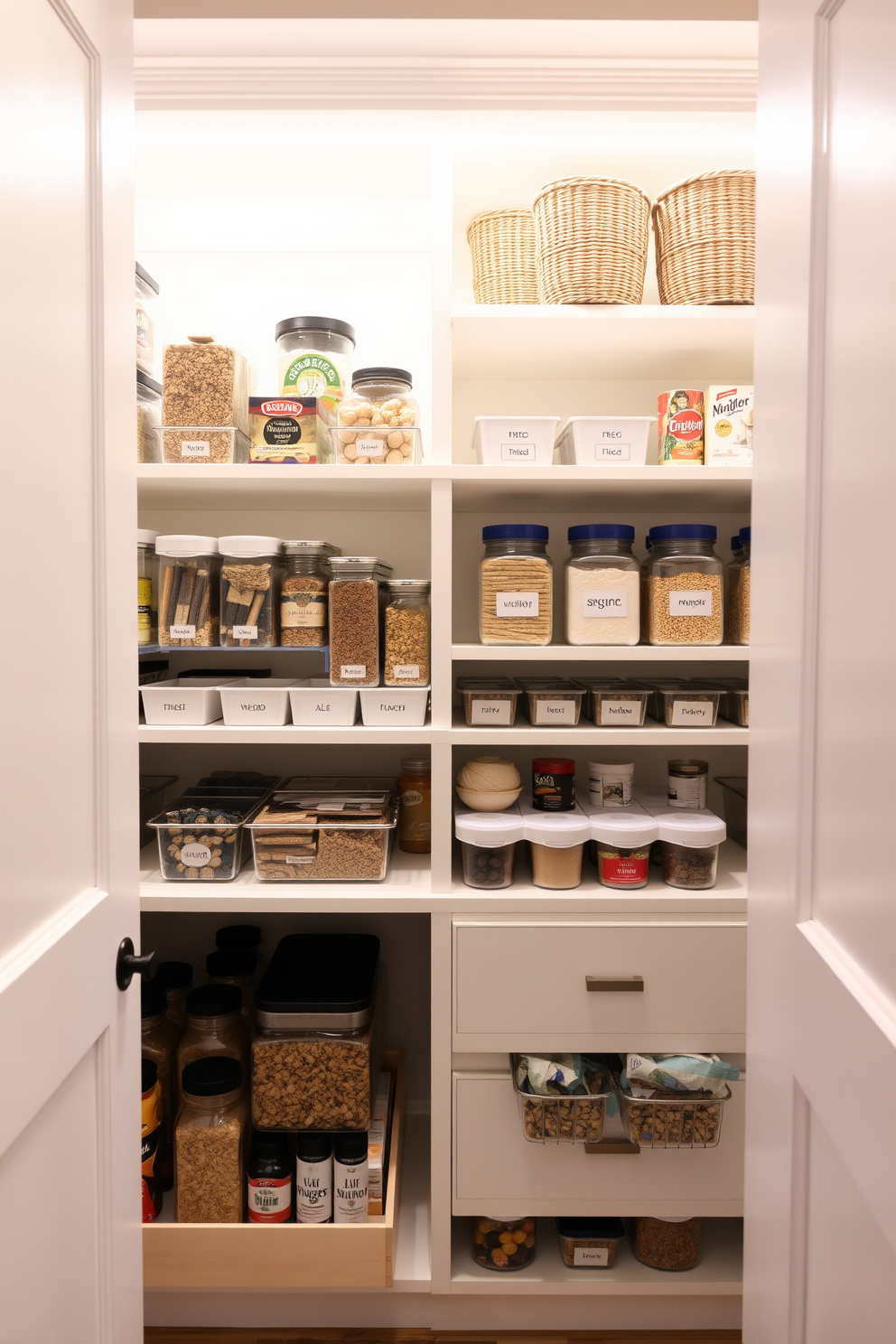 A well-lit pantry featuring adjustable LED strip lights along the shelves to enhance visibility. The organization includes clear labeled containers for dry goods and a pull-out spice rack for easy access.