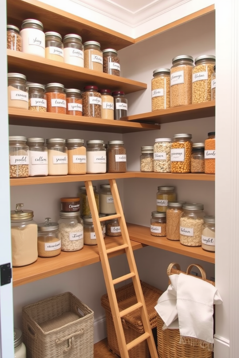 A well-organized pantry featuring labeled containers for quick identification. The shelves are filled with clear glass jars containing grains, pasta, and snacks, all neatly arranged for easy access. Each container has a stylish label, creating a cohesive and visually appealing look. The pantry walls are painted in a soft white, enhancing the brightness of the space and making the contents pop.