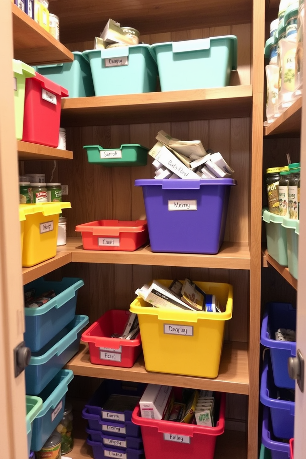 A well-organized pantry featuring color-coded bins for efficient storage. The bins are neatly arranged on wooden shelves, with labels indicating their contents for easy access.