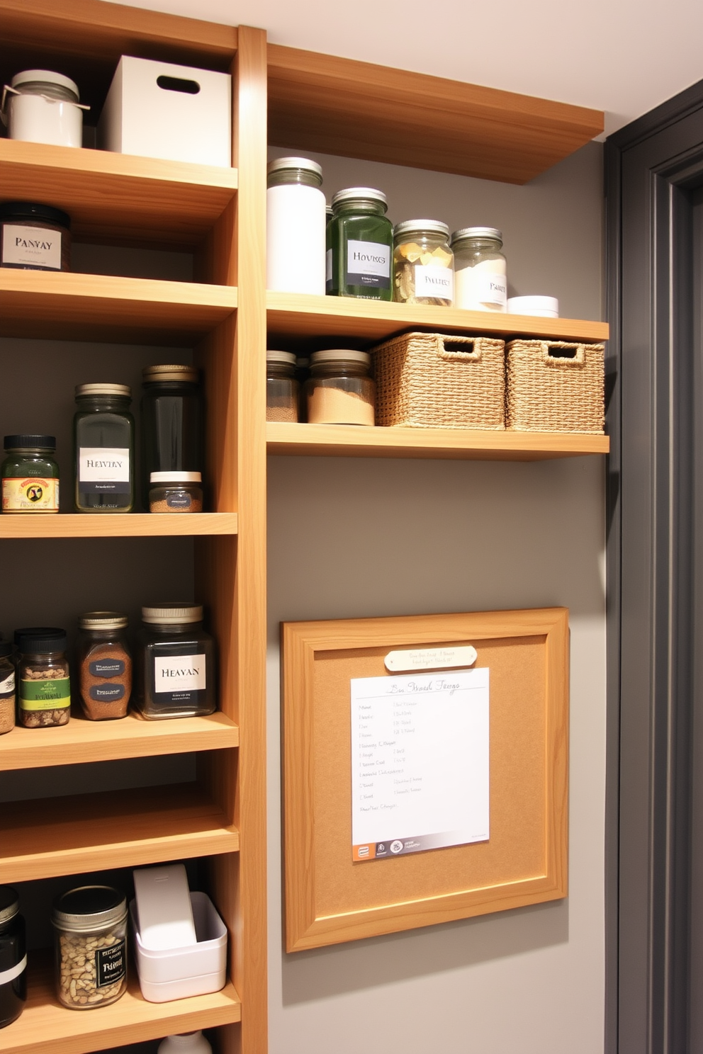 A beautifully organized pantry with open shelving displaying neatly arranged glass jars filled with grains and spices. The shelves are accented with decorative baskets, adding texture and warmth to the space. A soft color palette of pastel blues and whites enhances the airy feel of the pantry. A small herb garden in decorative pots sits on the countertop, bringing a touch of nature indoors.