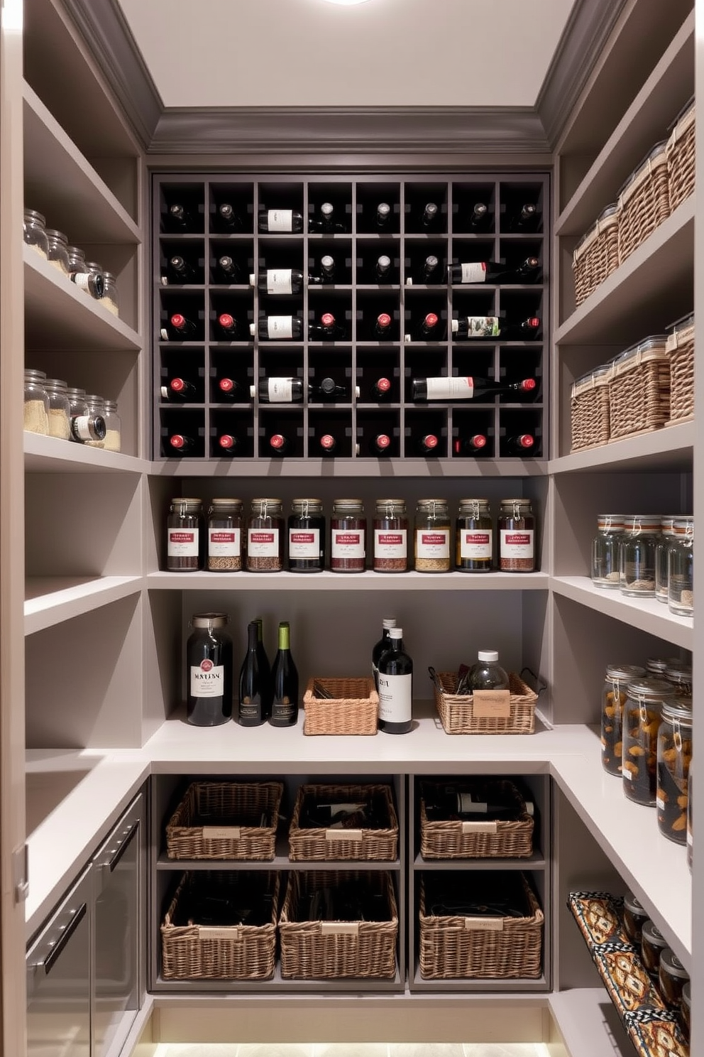 A stylish pantry featuring a custom wine rack that holds an array of bottles in an organized manner. The shelves are neatly arranged with labeled jars and baskets, showcasing a blend of functionality and aesthetic appeal.