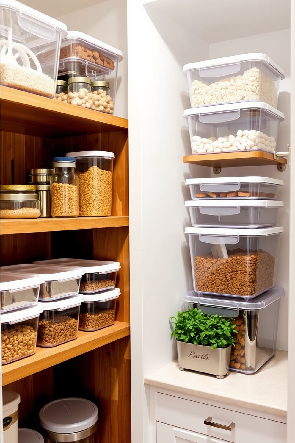 A modern pantry organization design featuring stackable containers for efficient space saving. The containers are made of clear acrylic, allowing easy visibility of contents, and are neatly arranged on wooden shelves. The pantry walls are painted in a soft white hue, enhancing the brightness of the space. A small herb garden sits on the countertop, adding a touch of greenery and freshness to the overall design.